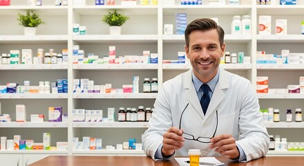 Smiling Pharmacist Holding Glasses in Front of Pharmacy Shelves with Medicines and Pills for Healthcare Solutions and Pharmaceutical Business