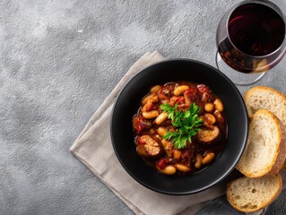 Hearty bean and sausage stew served in a black bowl garnished with fresh herbs alongside bread slices and a glass of red wine on gray textured surface