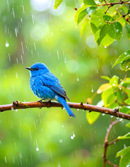 Blue bird in rainy forest