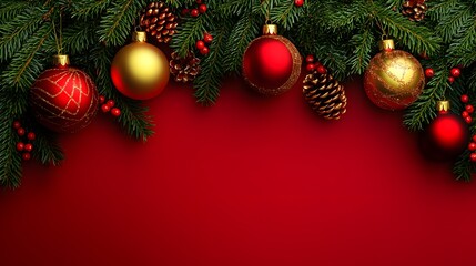 Christmas decorations with red and gold ornaments against a festive red background