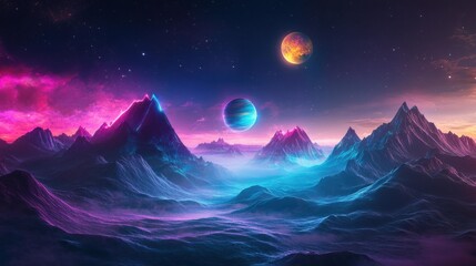 Obraz premium Serene nighttime view of mountains and two planets on alien world