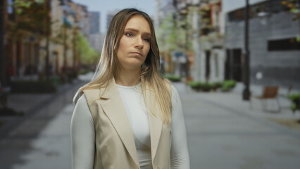Fototapeta premium Woman standing on a city street, blonde hair cascading down, wearing a white top and beige vest, overcast daylight highlighting her thoughtful expression amid urban surroundings.