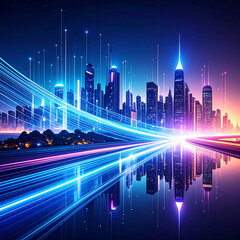 Abstract neon city skyline at night