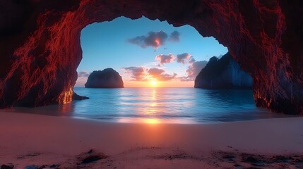 Sunset view from a rocky cave overlooking calm ocean waters and distant cliffs at twilight