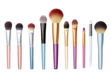 Comprehensive collection of professional makeup brushes set isolated on a low-resolution background showcasing various styles and colors for beauty enthusiasts