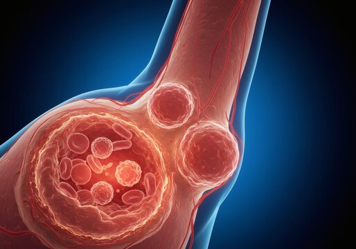 Medical illustration of cancer cells invading a blood vessel, showing tumor growth and metastasis