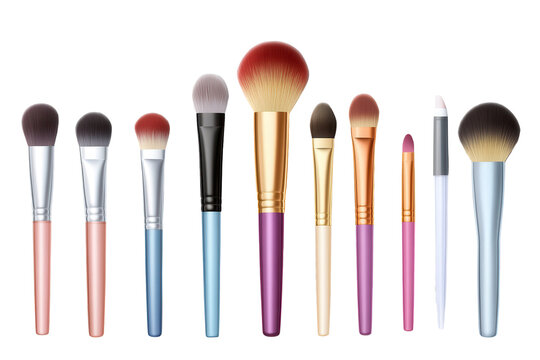 Comprehensive collection of professional makeup brushes set isolated on a low-resolution background showcasing various styles and colors for beauty enthusiasts
