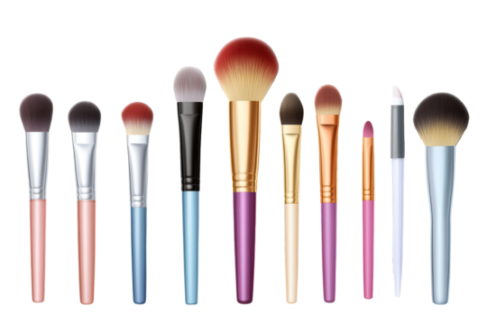 Comprehensive collection of professional makeup brushes set isolated on a low-resolution background showcasing various styles and colors for beauty enthusiasts