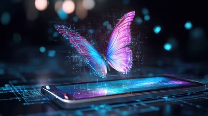 Digital butterfly emerging from mobile phone in dark tech setting