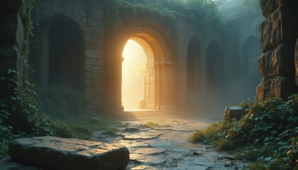 Mysterious stone archway overgrown with vegetation in forest