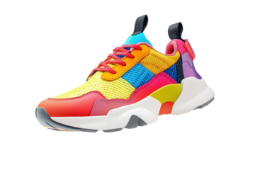 Colorful sport sneaker showcasing vibrant design and modern aesthetics for active lifestyles in a studio setting with bright lighting