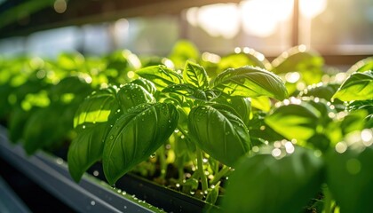 Basil Plants Growing in Greenhouse with Sun Flare.