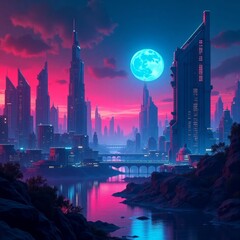 Fototapeta premium Pink Sunset Blue Moon Neon Cityscape River Reflections
