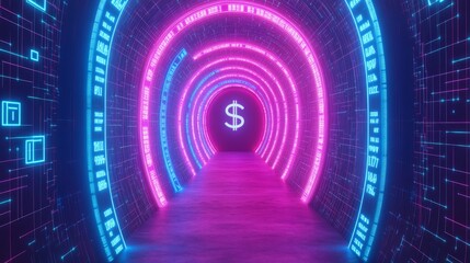 Obraz premium Neon Dollar Tunnel Data Stream, Tech ,Finance