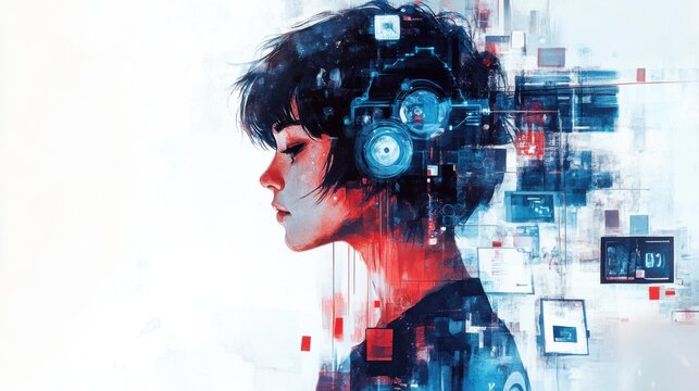 Young Asian woman with abstract technology elements, thoughtful mood - Powered by Adobe