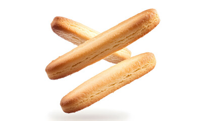 Ladyfinger savoiardi biscuit cookie flying isolated on white, clipping path