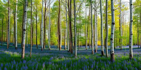 Fototapeta premium Scenic birch forest with tall white tree trunks and vibrant blue wildflowers carpeting the woodland floor, peaceful natural landscape with sunlight shining through green leaves, tranquil outdoor envir
