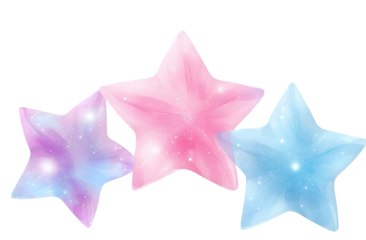 Three Glowing Pastel Stars with Glitter on Transparent Background