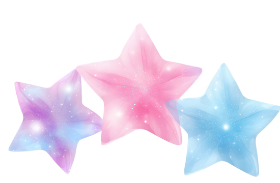 Three Glowing Pastel Stars with Glitter on Transparent Background