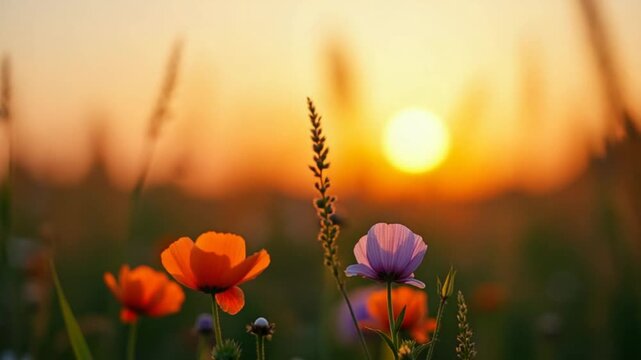 wild field flowers at summer sunset