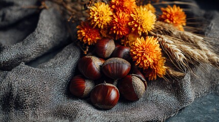 Fresh roasted chestnuts near delicate bouquet with marigolds and wheat, rustic flat lay, editorial light, copy space