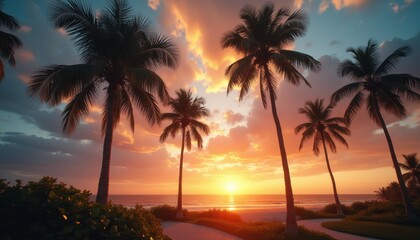 Obraz premium Multiple palm trees silhouetted against a serene sunset at beach