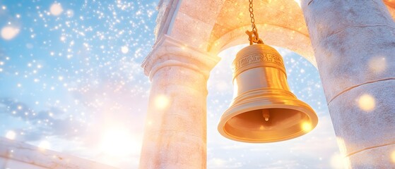 A golden bell hanging from a stone pillar