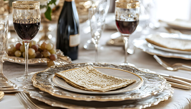 Elegant passover table setting with matzah, wine, and decorative gold-trimmed dishware and utensils