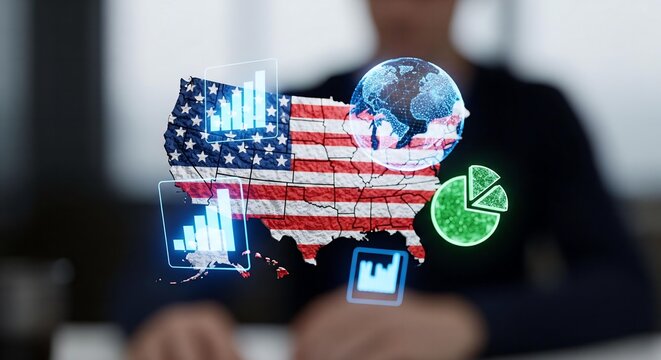 National Analytics: A Floating 3D United States Map Surrounded by Glowing Digital Icons of Data and Finance. - Powered by Adobe