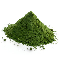 Deep green chlorella powder isolated on a white background, showcasing its fine texture, vibrant color