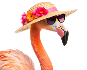A flamingo wearing a straw hat with flowers and sunglasses against a white background close up view