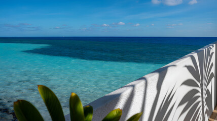 Fototapeta premium Tropical terrace with palm leaf shadows on white wall overlooking blue ocean under clear sky