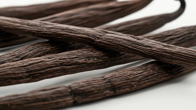 Dried vanilla bean pods close up for flavor and baking ingredient still life