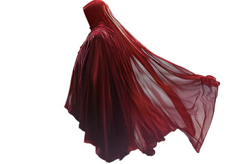 Elegant red cape showcasing flowing fabric with a sheer quality, isolated on a transparent background, emphasizing movement and texture in a vivid design