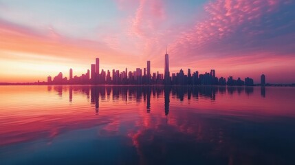 Fototapeta premium Majestic cityscape at sunrise over waterfront buildings