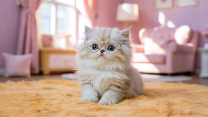 Fluffy White Kitten with Glasses on Cozy Carpet in Pink Room