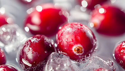 Fresh cranberries floating in sparkling water with ice cubes