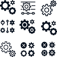 Professional vector icon set featuring cogwheel and gear symbols for system settings, software configuration, and digital tools. Perfect for web, mobile, and tech interfaces.