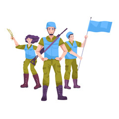 Peacekeeping soldiers stand together holding a flag and a branch of peace