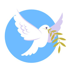 Symbolic white dove of peace flying with a green olive branch