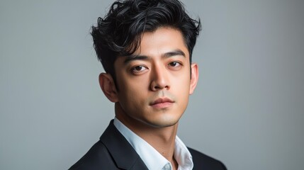 Young Asian man in suit jacket, serious portrait indoors