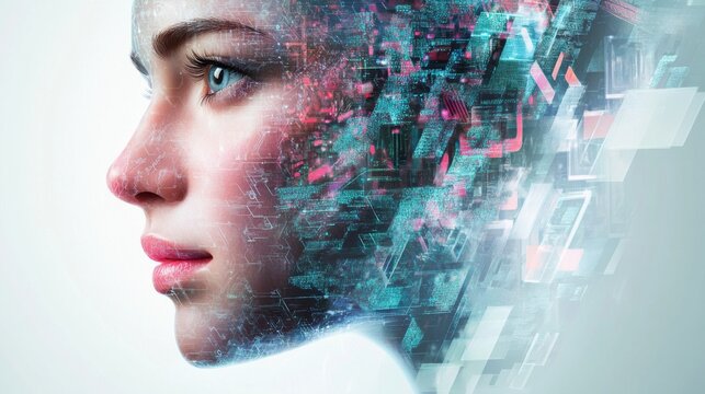 Young woman in abstract digital environment with data overlay
