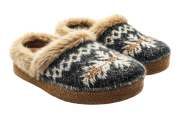 Cozy indoor slippers with fur trim in a fashionable pattern suitable for cold weather and relaxation at home
