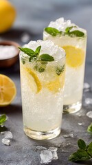 Zesty lemon cooler with crushed ice and mint on summer table, upper zone blank for tag placement.