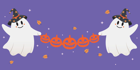 Vector illustration of a cute spooky ghost character holding halloween pumpkin design. Happy and Celebration Halloween party. © solthanya