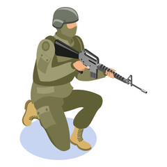 Soldier in uniform and helmet kneeling with assault rifle, military conflict concept