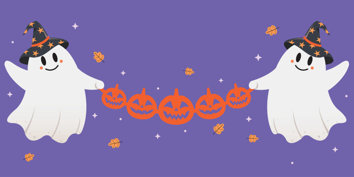 Vector illustration of a cute spooky ghost character holding halloween pumpkin design. Happy and Celebration Halloween party. - Powered by Adobe