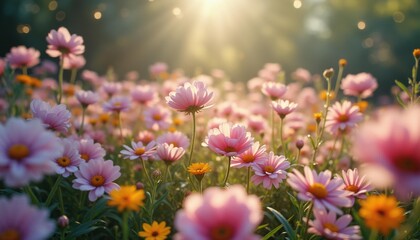 Blooming field of pink and orange flowers on sunny day