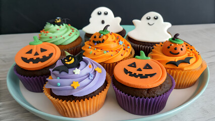 Seven Halloween cupcakes with orange, purple, green frosting, ghost and pumpkin fondant toppers, arranged on a light blue plate, bright lighting, cheerful mood.
