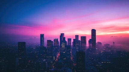 Obraz premium Aerial view of illuminated cityscape at sunset